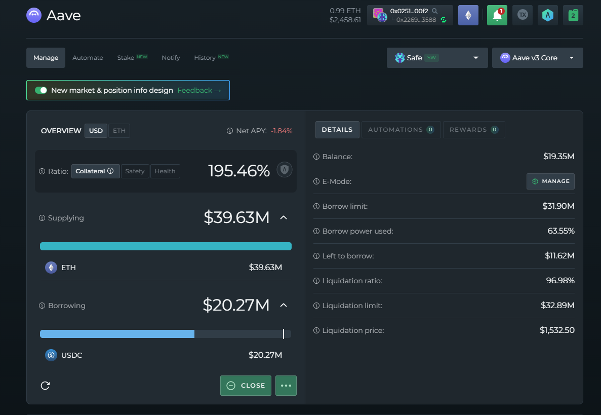 A screenshot of a leveraged position on DeFi Saver.