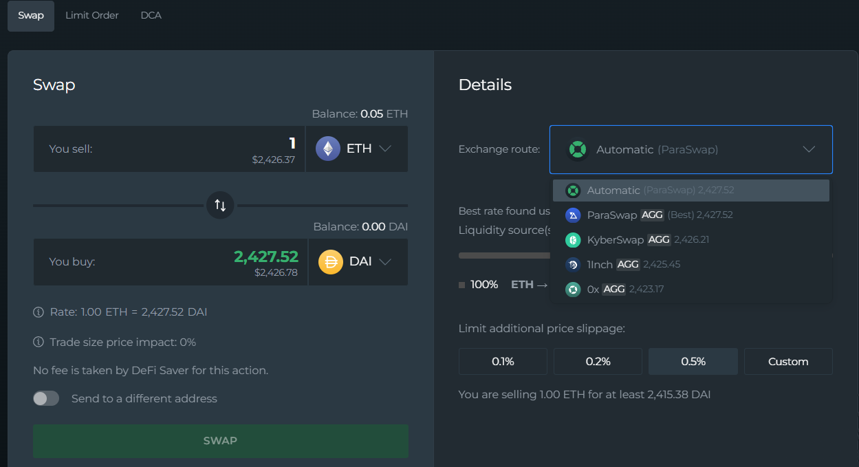 A preview of DeFi Saver's Exchange feature UI.