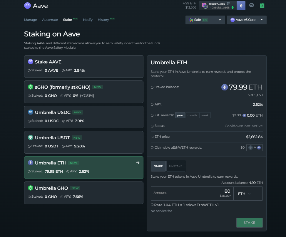 A preview of staking on Aave Umbrella via DeFi Saver.