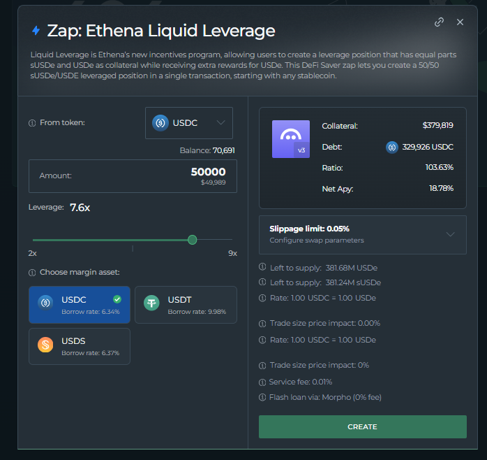 An overview of DeFi Saver's Ethena Liquid Leverage Zap via DFS Trending page.