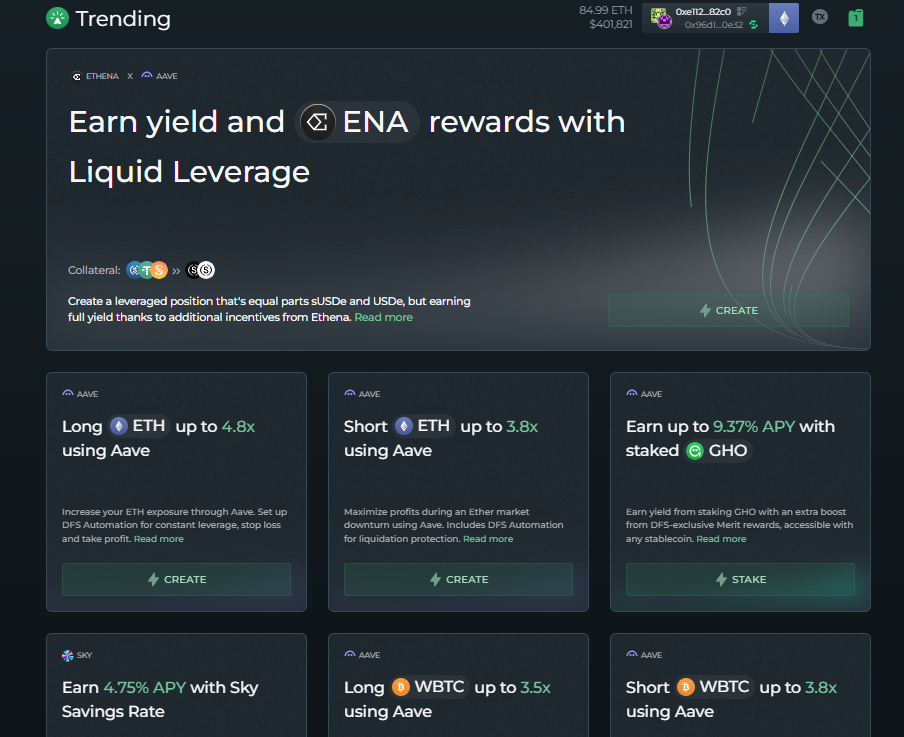 An overview of DeFi Saver's Trending page.