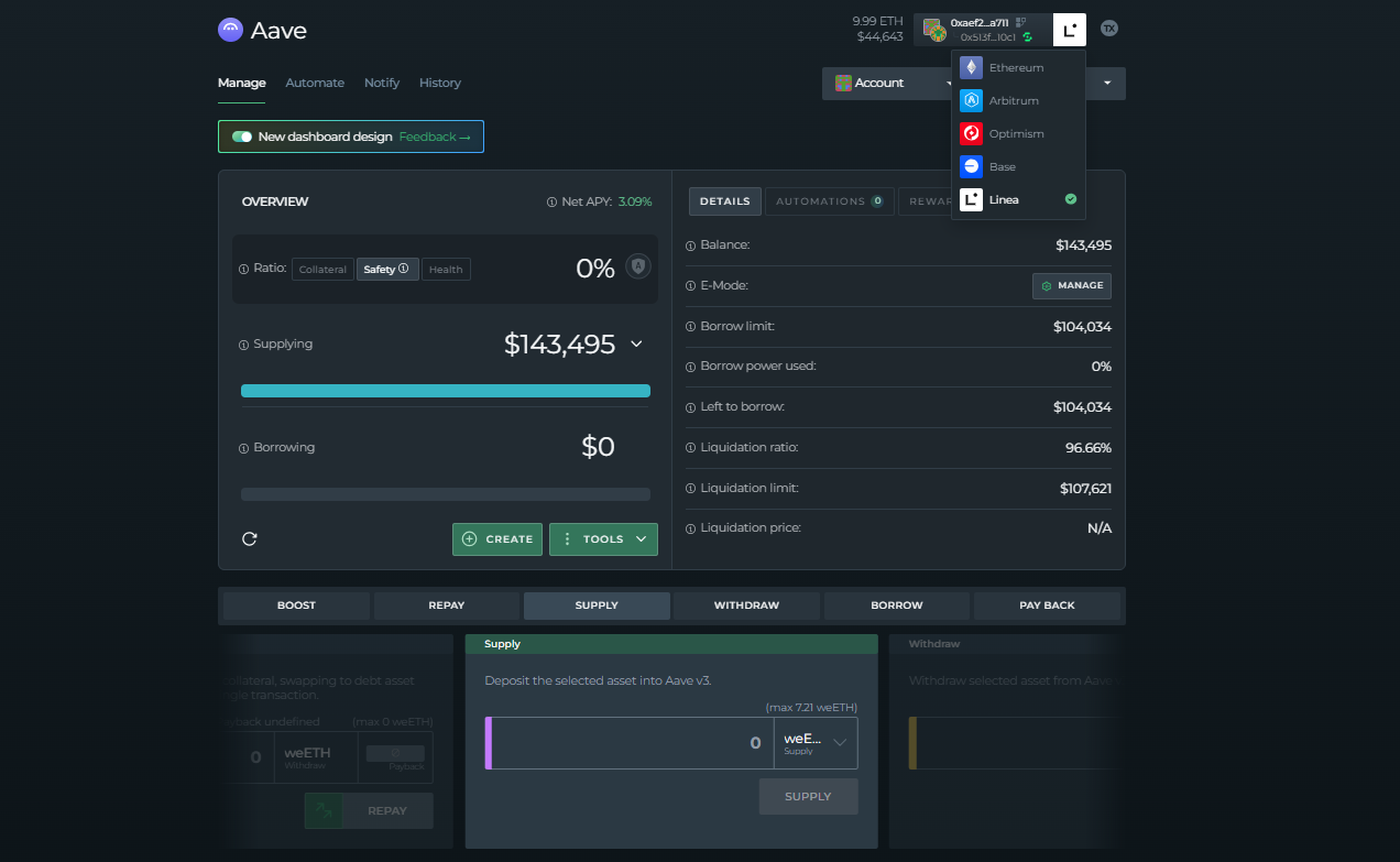 An overview of the DeFi Saver Aave dashboard on the Linea chain.