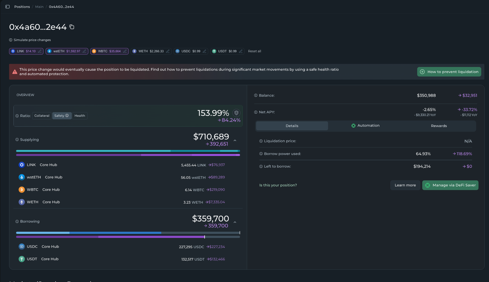 A preview of the position after running price simulations with the Price Slider tool.