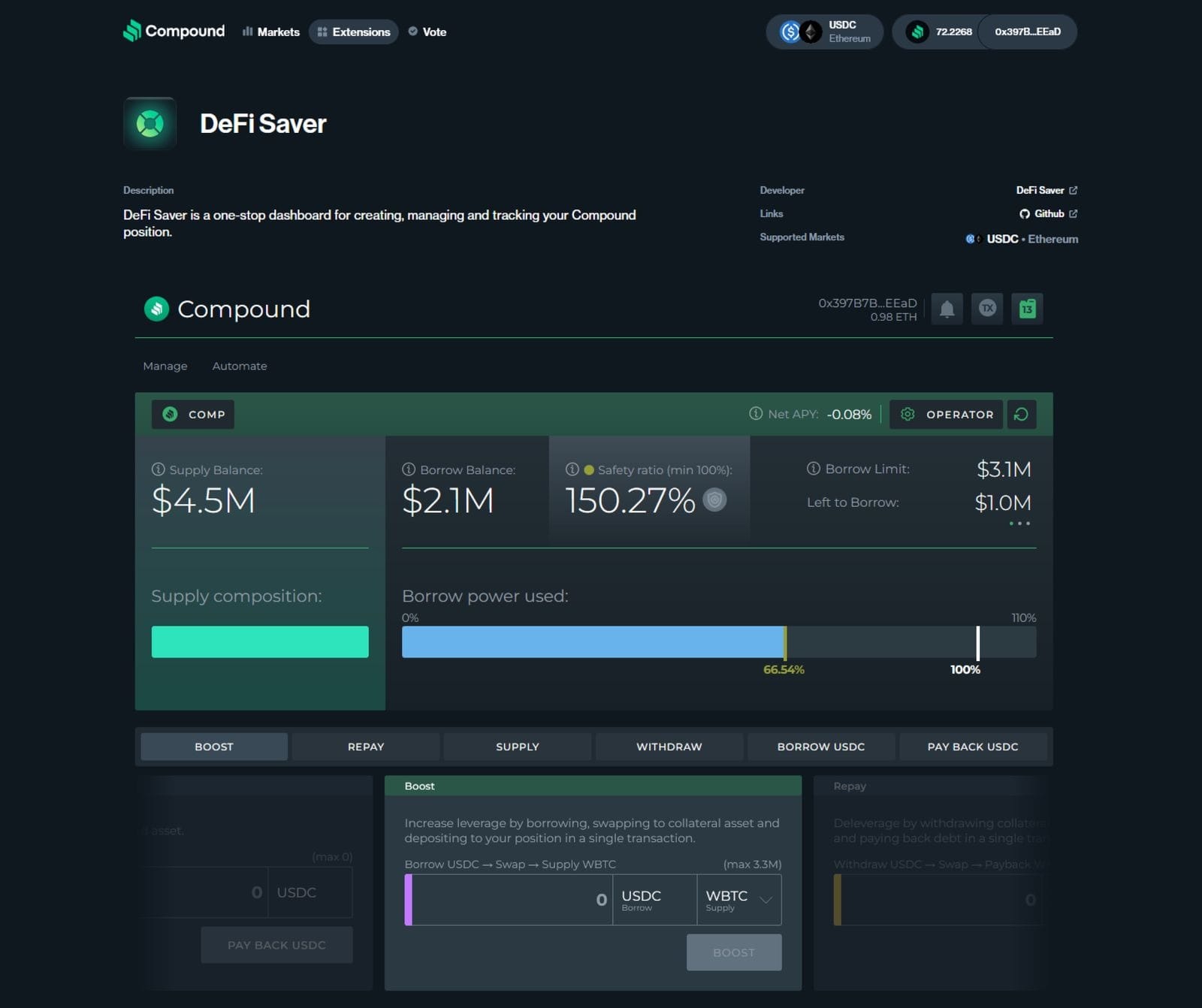 A snapshot of the DeFi Saver extension within the native Compound V3 UI.