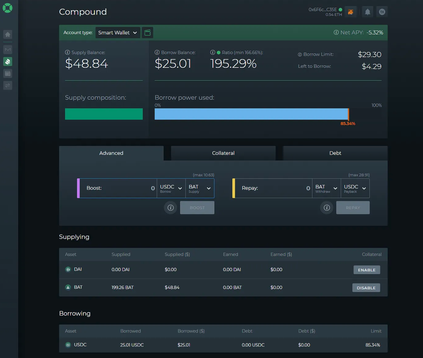 A snapshot of the DFS x Compound V2 UI from 2020
