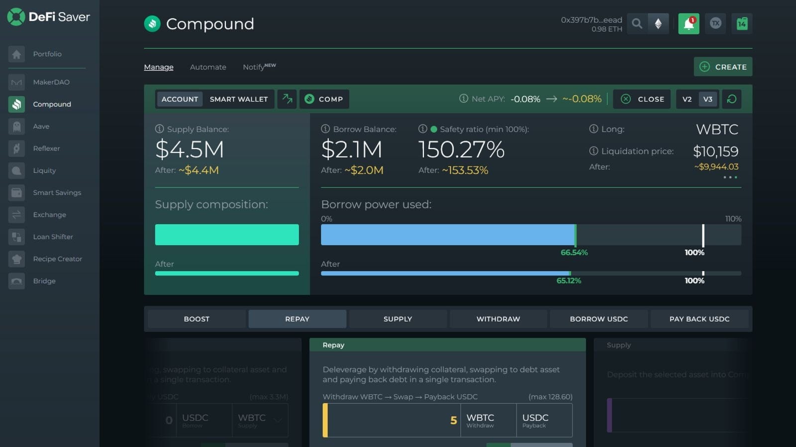  A snapshot of the DeFi Saver x Compound V3 UI from 2022