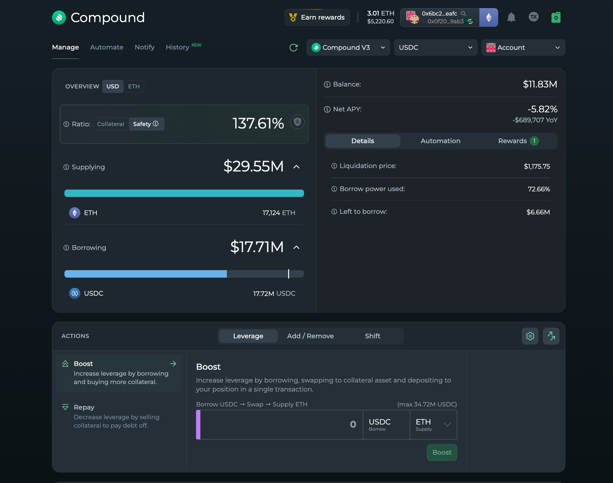 A snapshot of DeFi Saver's current UI for Compoun v3.